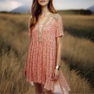Anthropologie Maeve Morning Glory Coral Sheer Dress